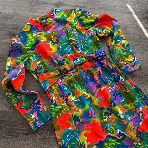 RARE Vtg 60s psychedelic flower power neon print hippie maxi dress / sz M